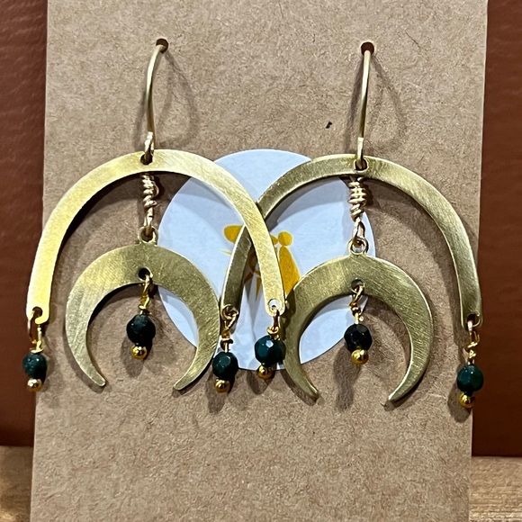 Hand Crafted Raw Brass & Moss Agate Dangle Earrings - Picture 2 of 5